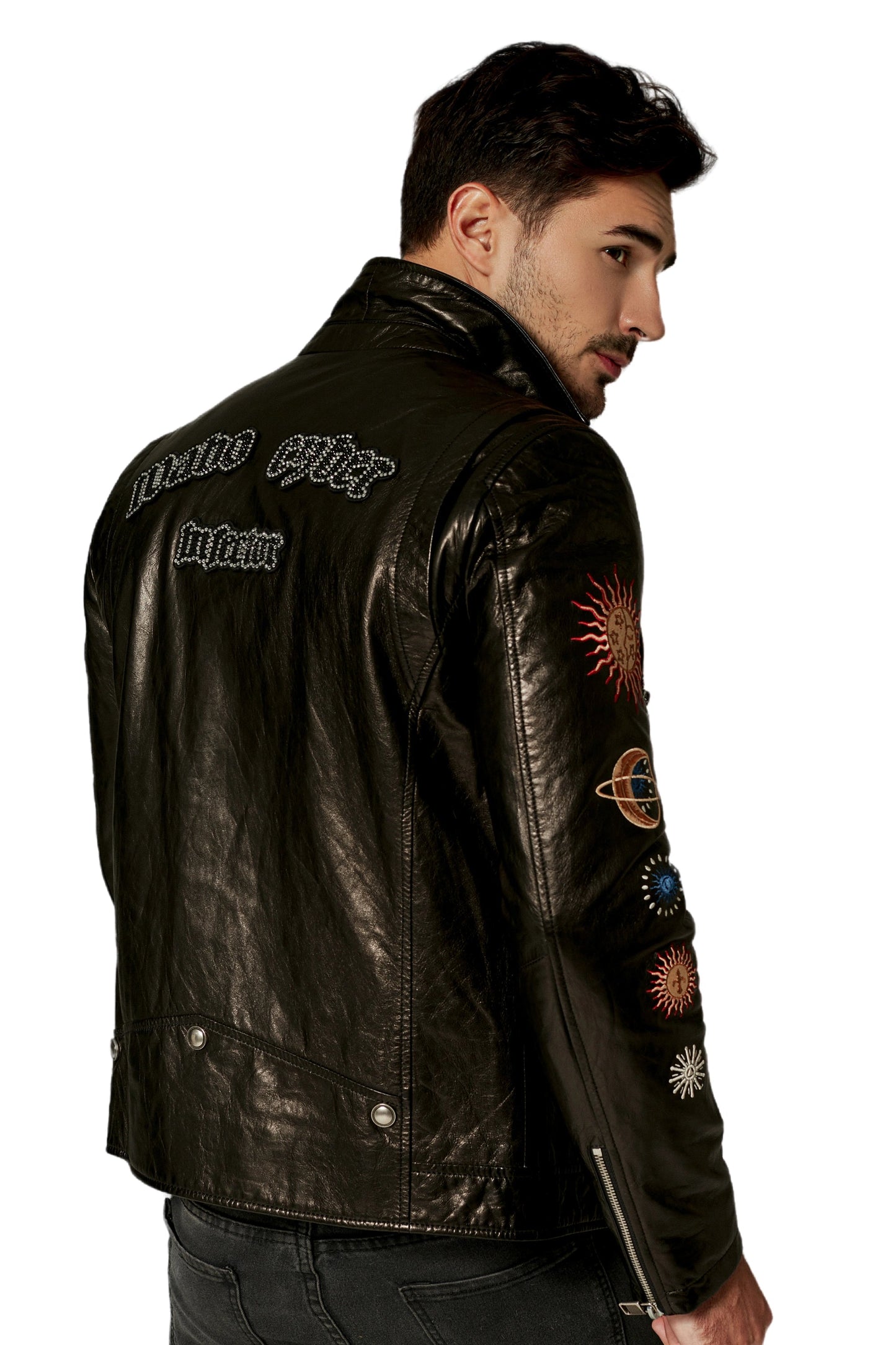 Black Goatskin Moto Biker Jacket with Appliques