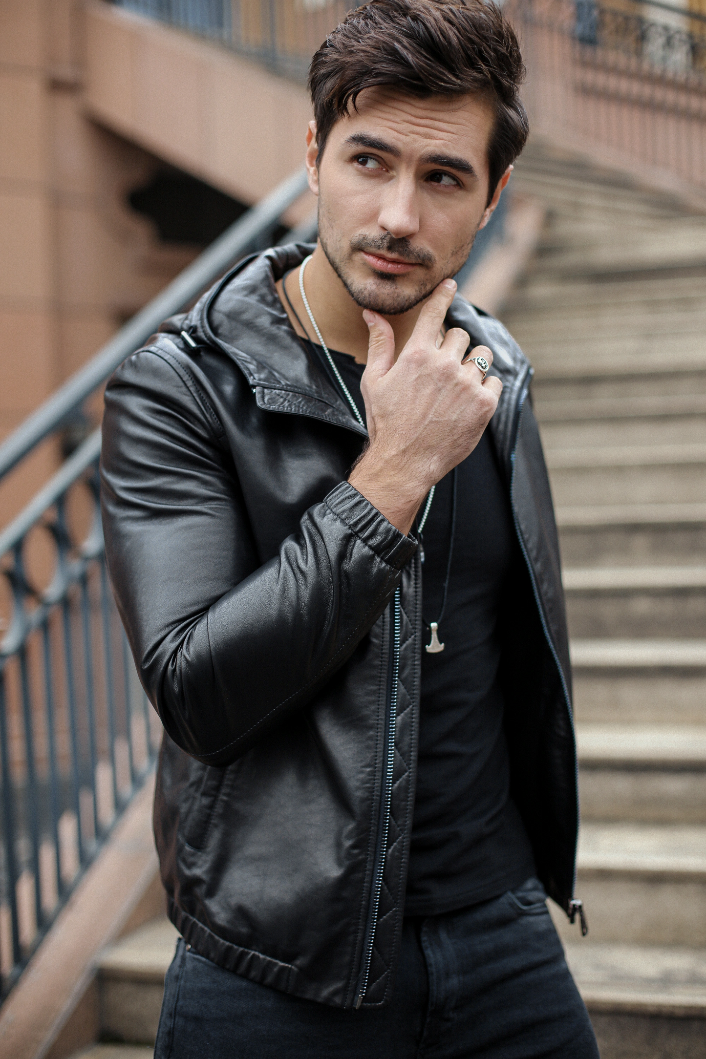 Black Hooded Leather Bomber Genuine Jacket