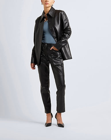 Buy Best FASHION LEATHER BELTED SHACKET Solid color shirts & blouses