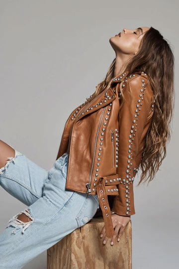Brown Women Silver Spiked Studded jacket