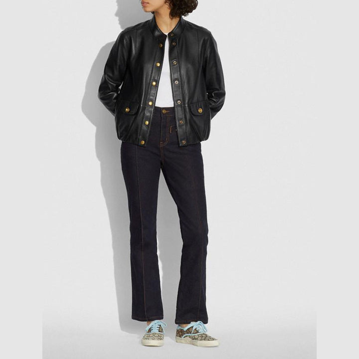 Women's Black Biker Aviator Shearling Jacket