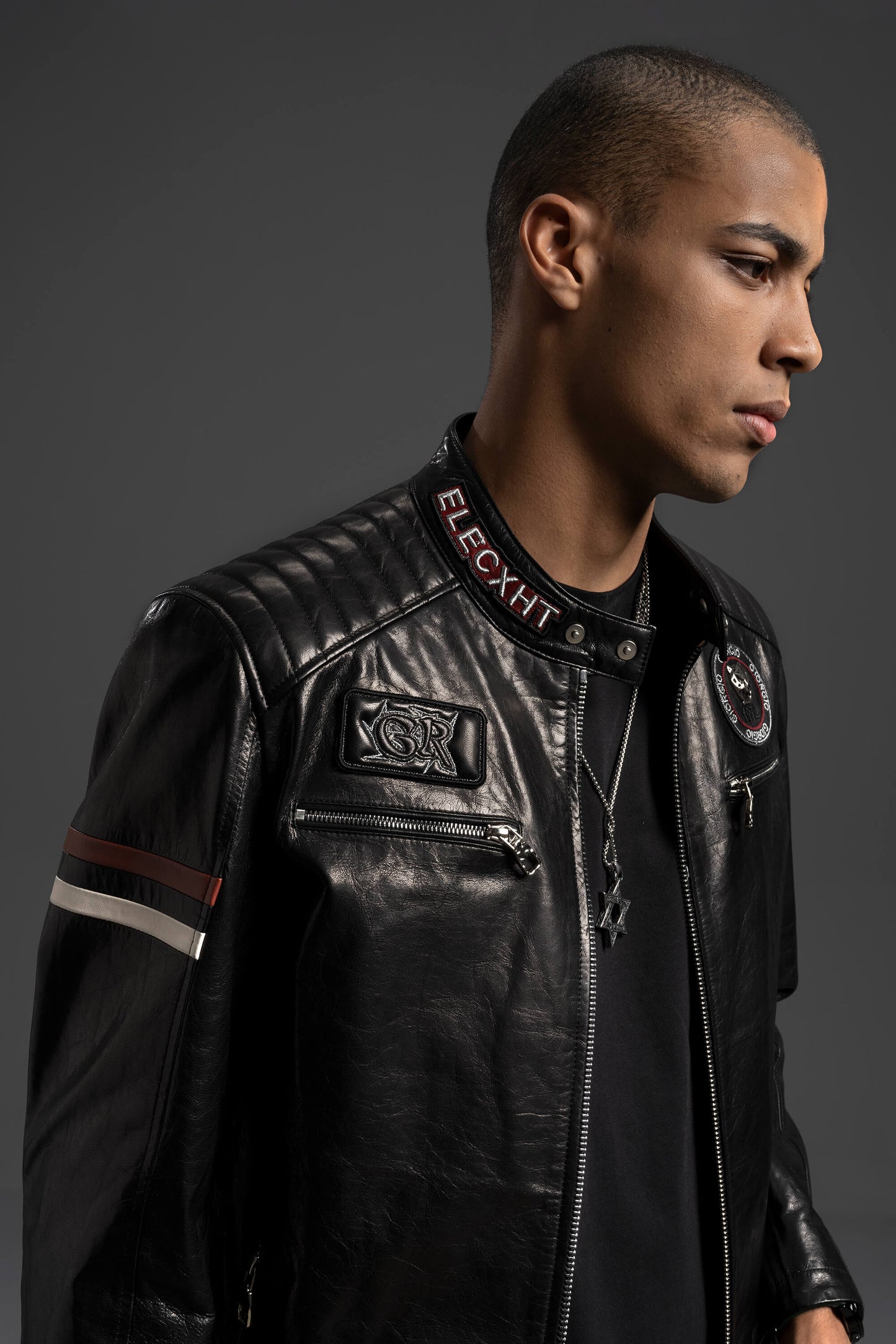 Men's Black Leather Biker Jacket With Patches