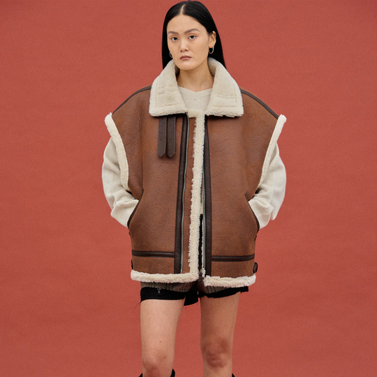 Brown Women Shearling Aviator Leather Vest