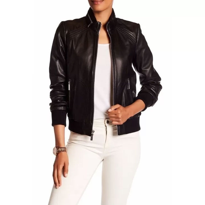 Buy Womens Lambskin Black Bomber Jacket |Sale