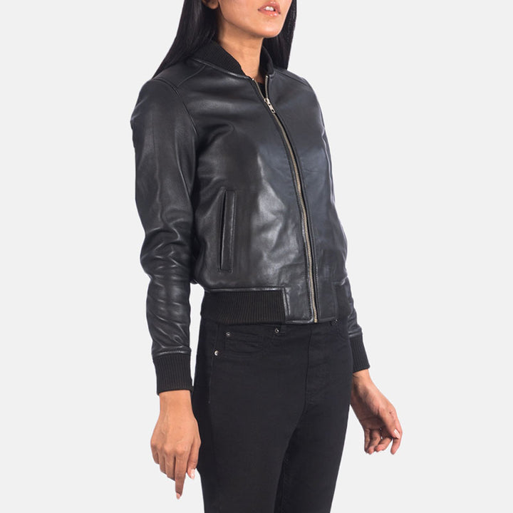 Buy Bliss Black Leather Bomber Jacket | Sale