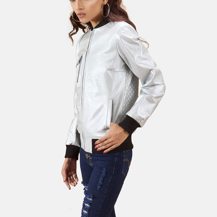 Buy Lana Silver Leather Bomber Jacket | Sale