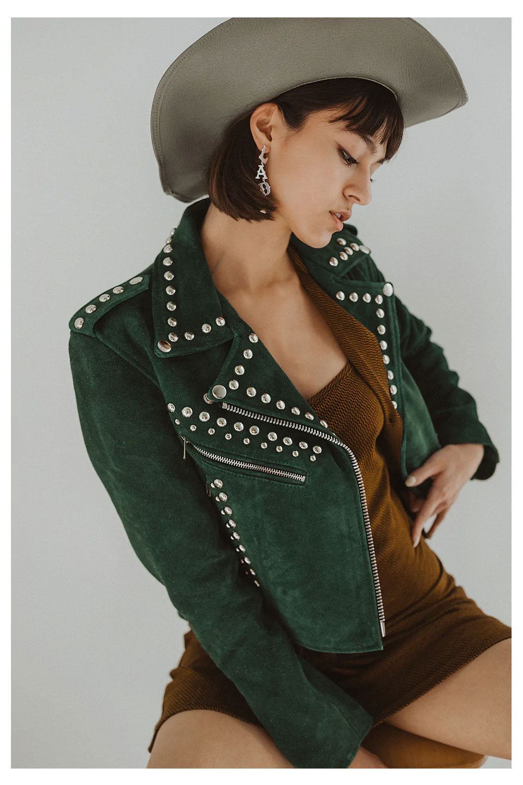 Women Green spiked Motorcycle Leather Jacket