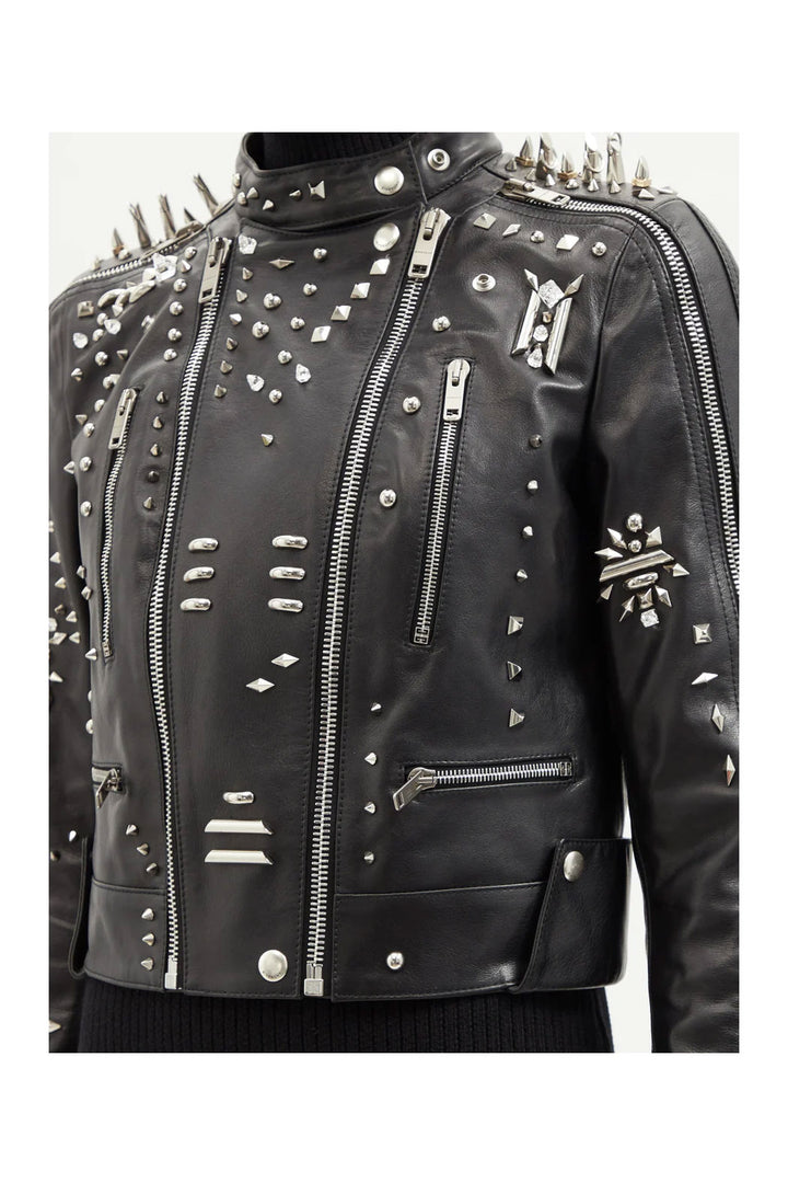 Black Women Long Spiked Motorcycle Jacket