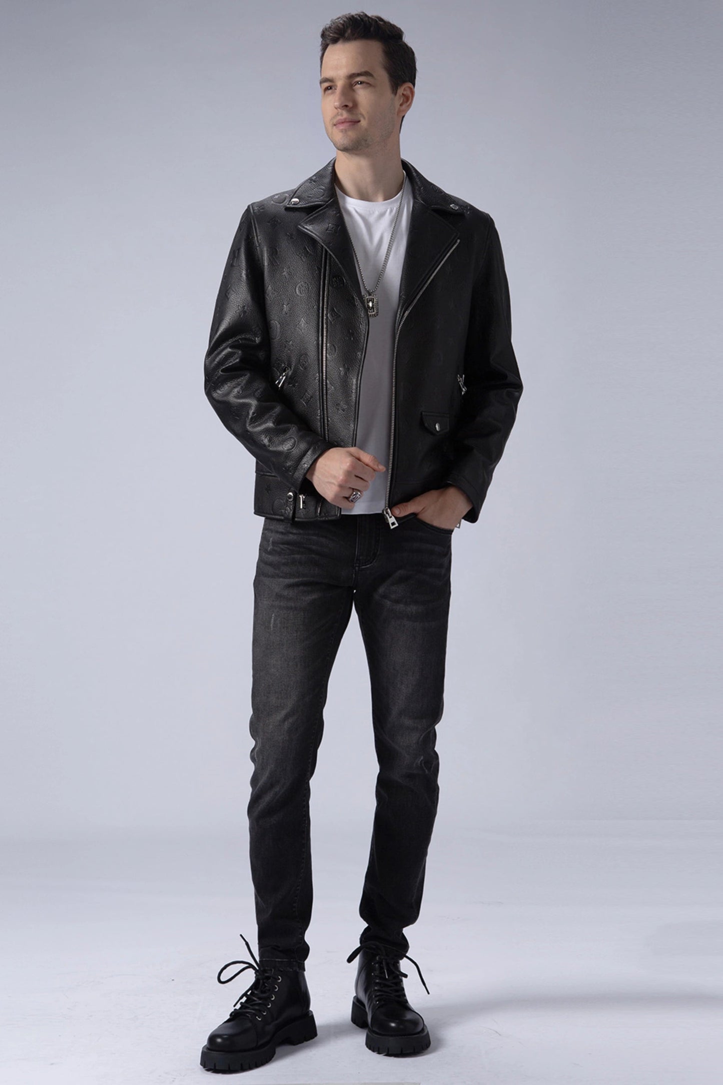 Black Embossed Leather Motorcycle Biker Jacket