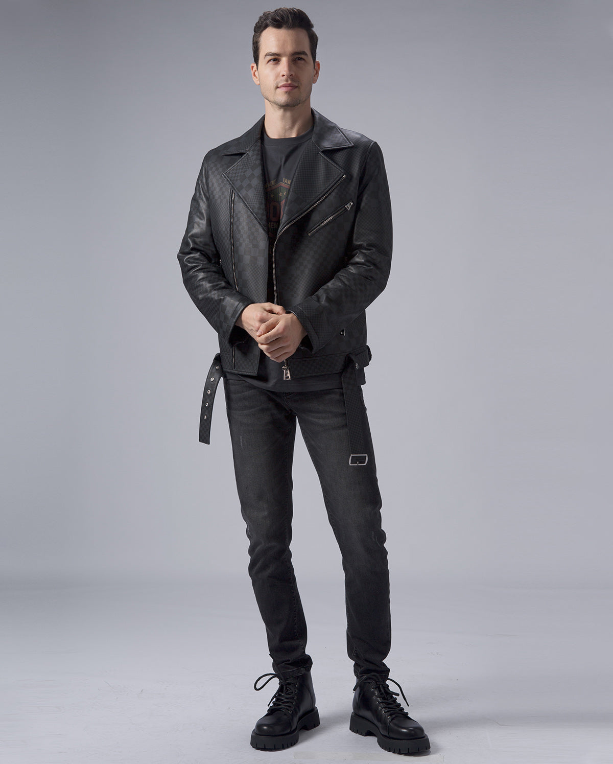 Black Biker Rider Rocker Plaid Leather Jacket