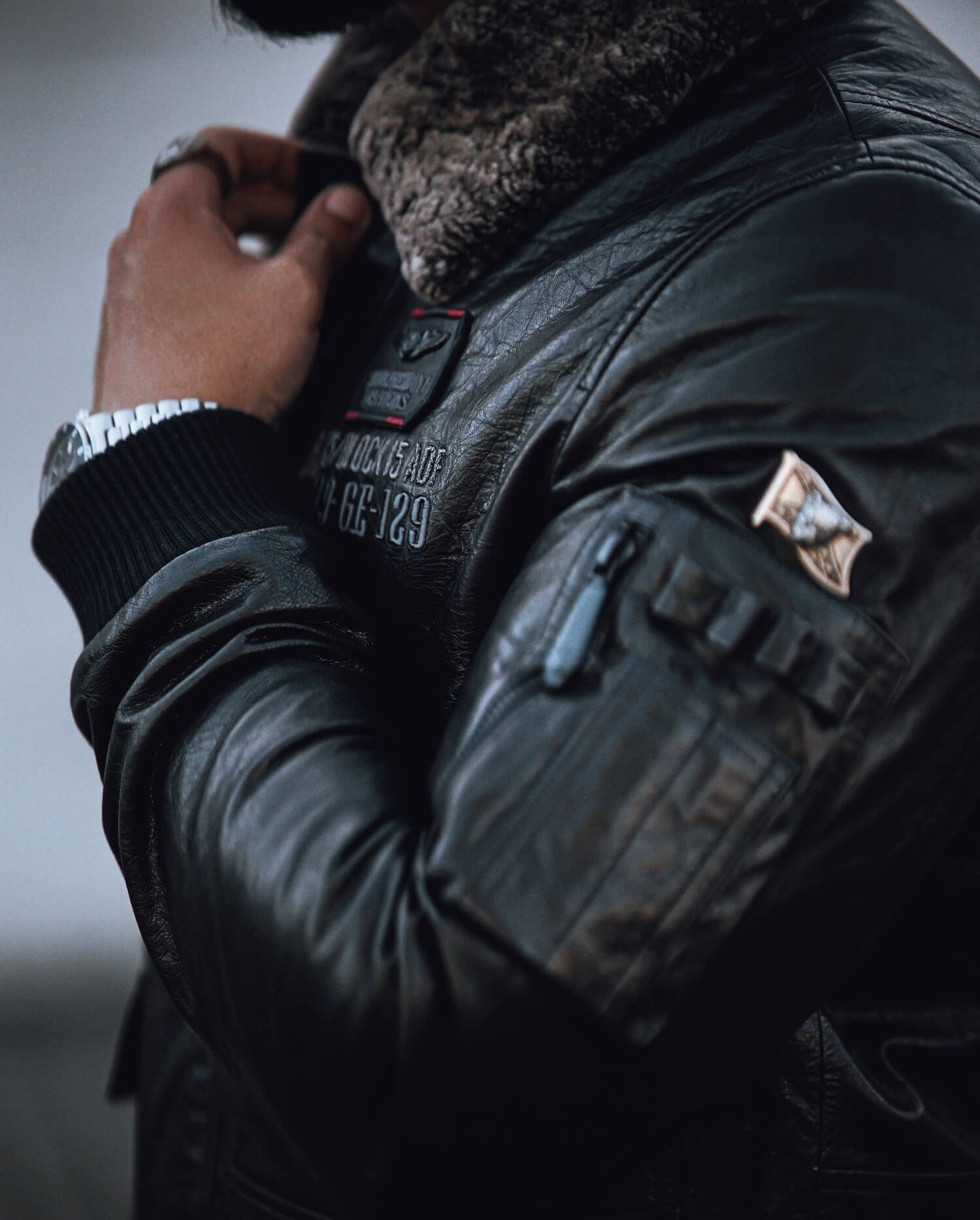 Black Wool Fur Collar Embroidery Bomber Jacket