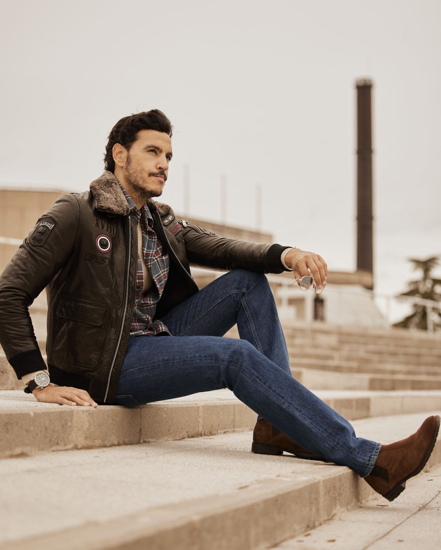 Black Wool Fur Collar Patched Bomber Jacket