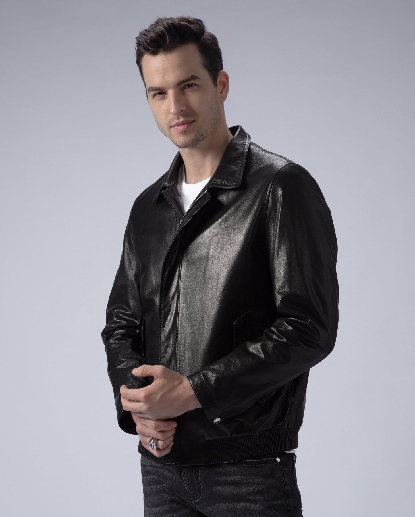 Black Zipped Quilted Leather Bomber Jacket