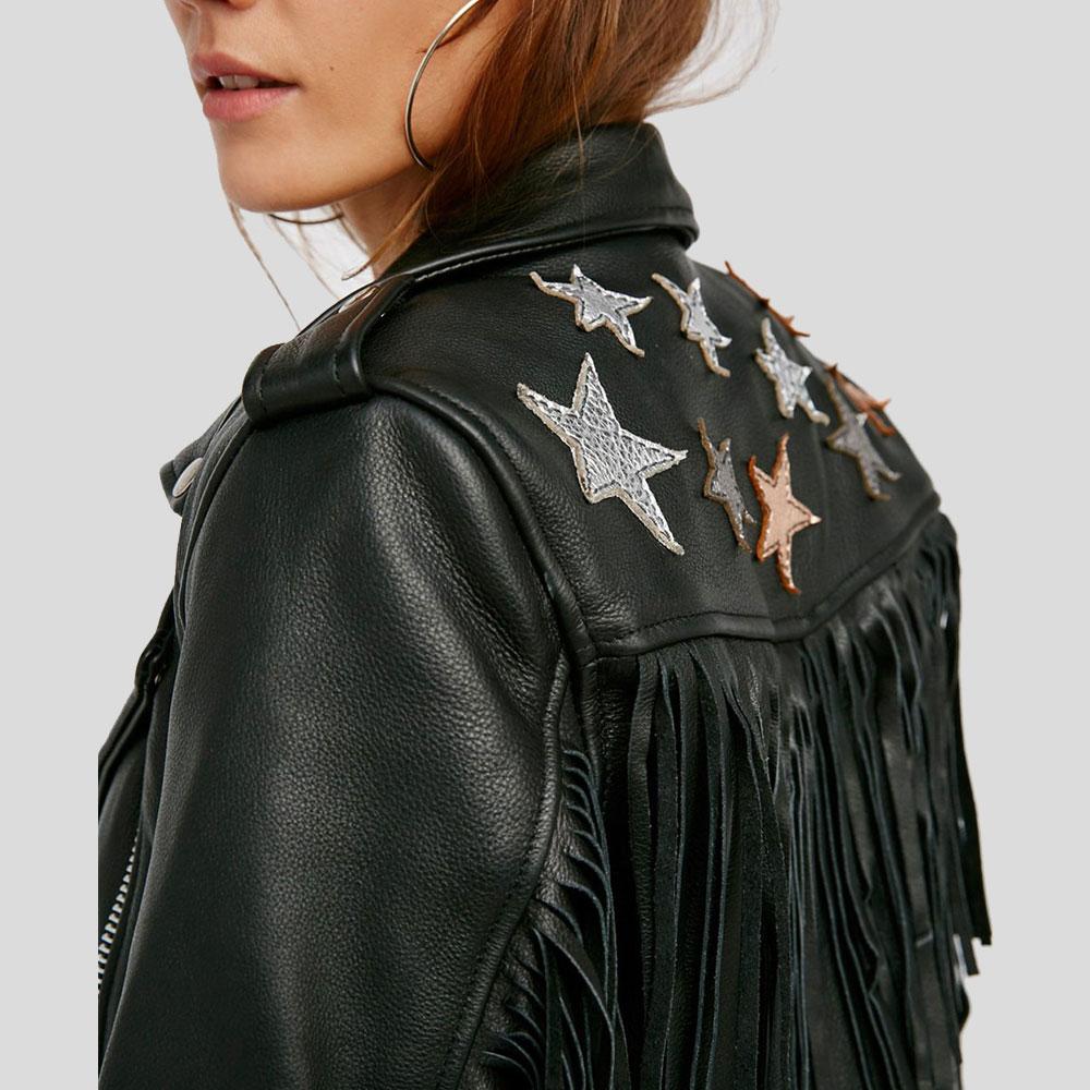 Buy Sloane Black Biker Leather Jacket Tassels