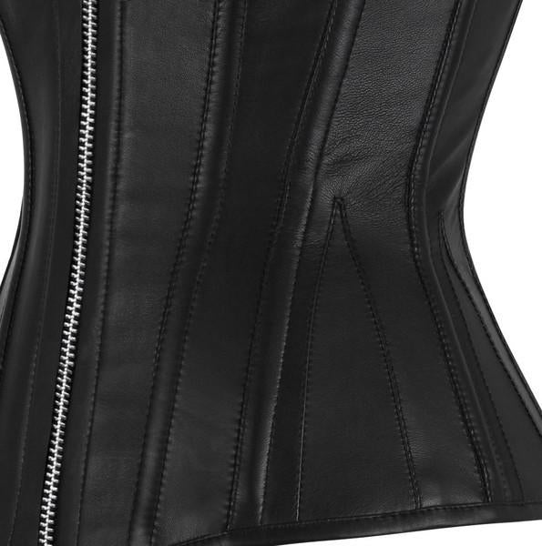 Black leather overbust corset with a front zipper and visible steel bones.