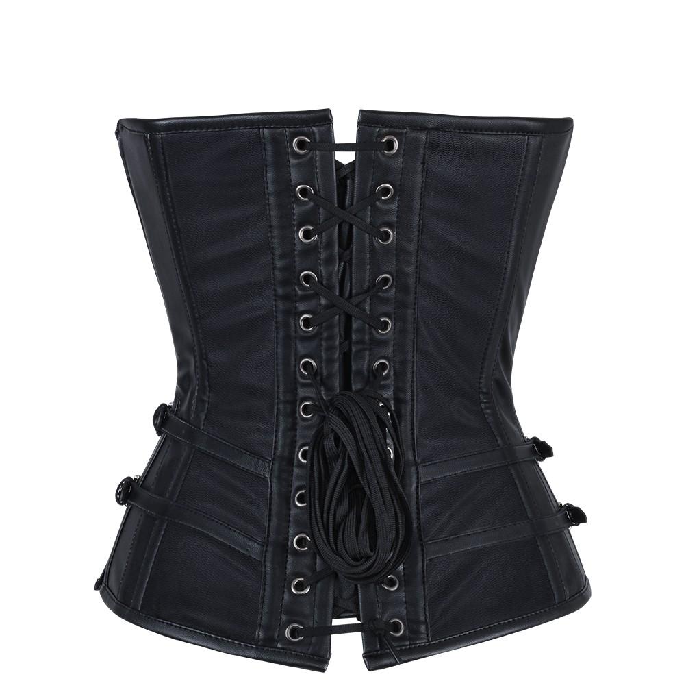 Black leather corset with steel bones, front view showcasing the design and structure.
