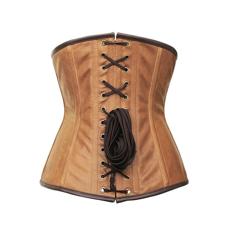 A red brocade and faux leather underbust corset with chain details and a metal clasp.