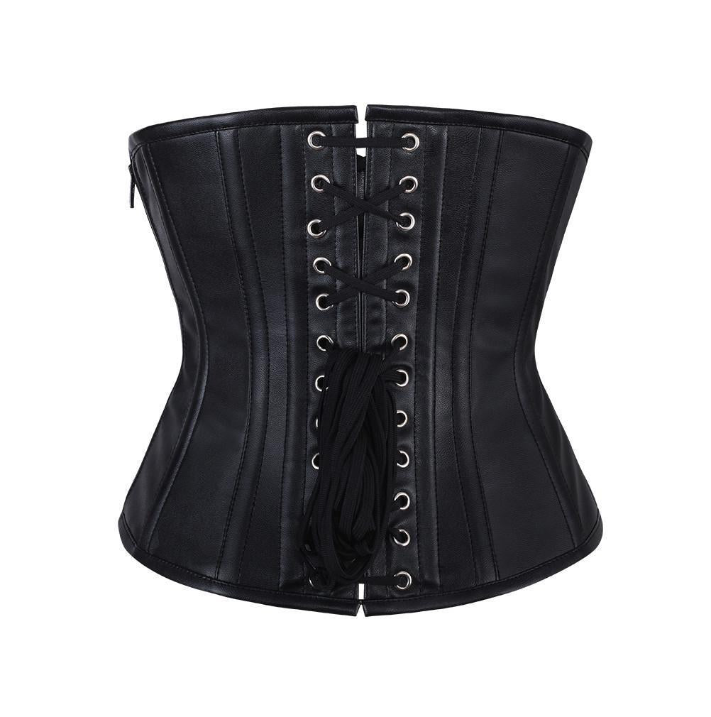 Black faux leather gothic underbust corset with red floral pattern and metal hardware