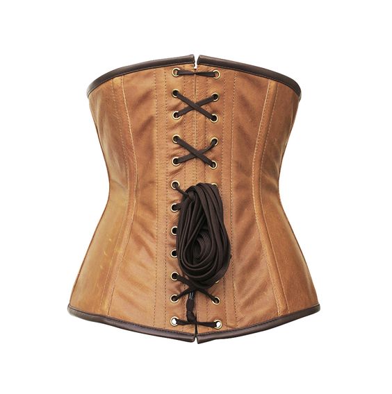 A brown crunch leather underbust corset with a metal clasp front opening, featuring a cross design and leather detailing.