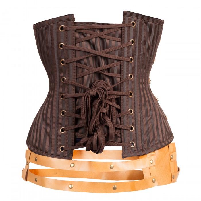 A brown and tan steampunk corset with metal clasps and leather straps, featuring a modesty panel and visible steel bones.