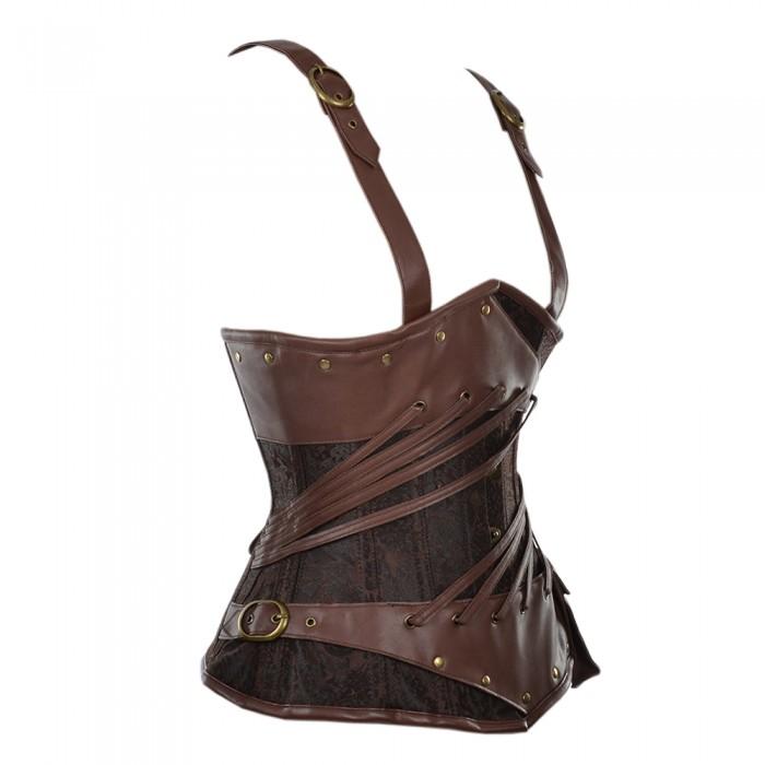 A brown brocade and faux leather steampunk underbust corset with visible spiral steel bones and a flat steel busk front.