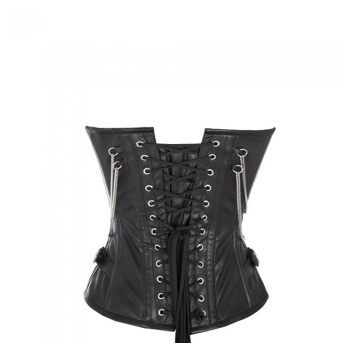 Black leather overbust corset with silver zipper and buckle design, featuring a front length of 14 inches and side lengths of 12.5 inches and 13 inches.
