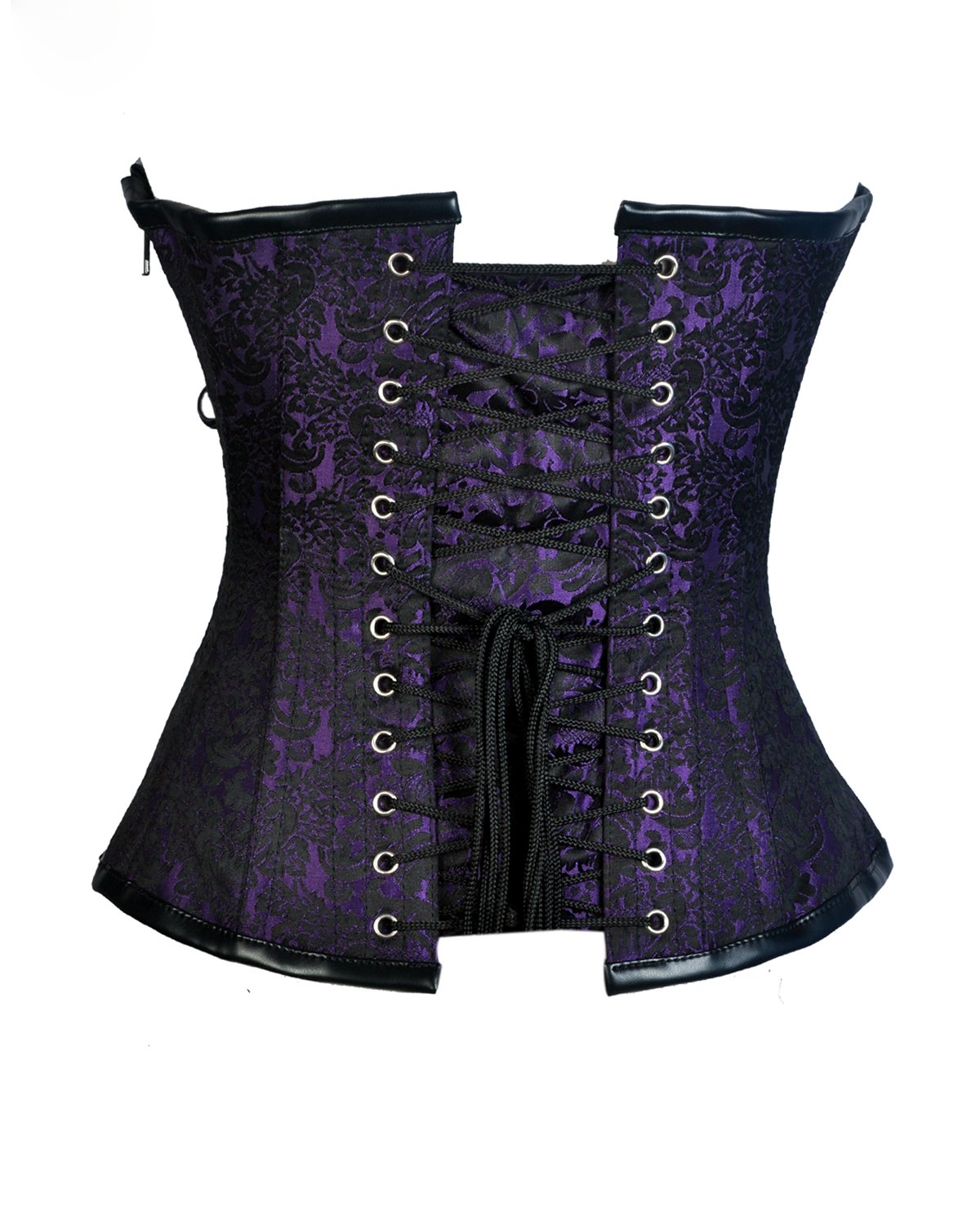 Gray Purple Brocade and Black Faux Leather Gothic Corset with steel bones and flat steel bones, featuring a side zipper and modesty panel.