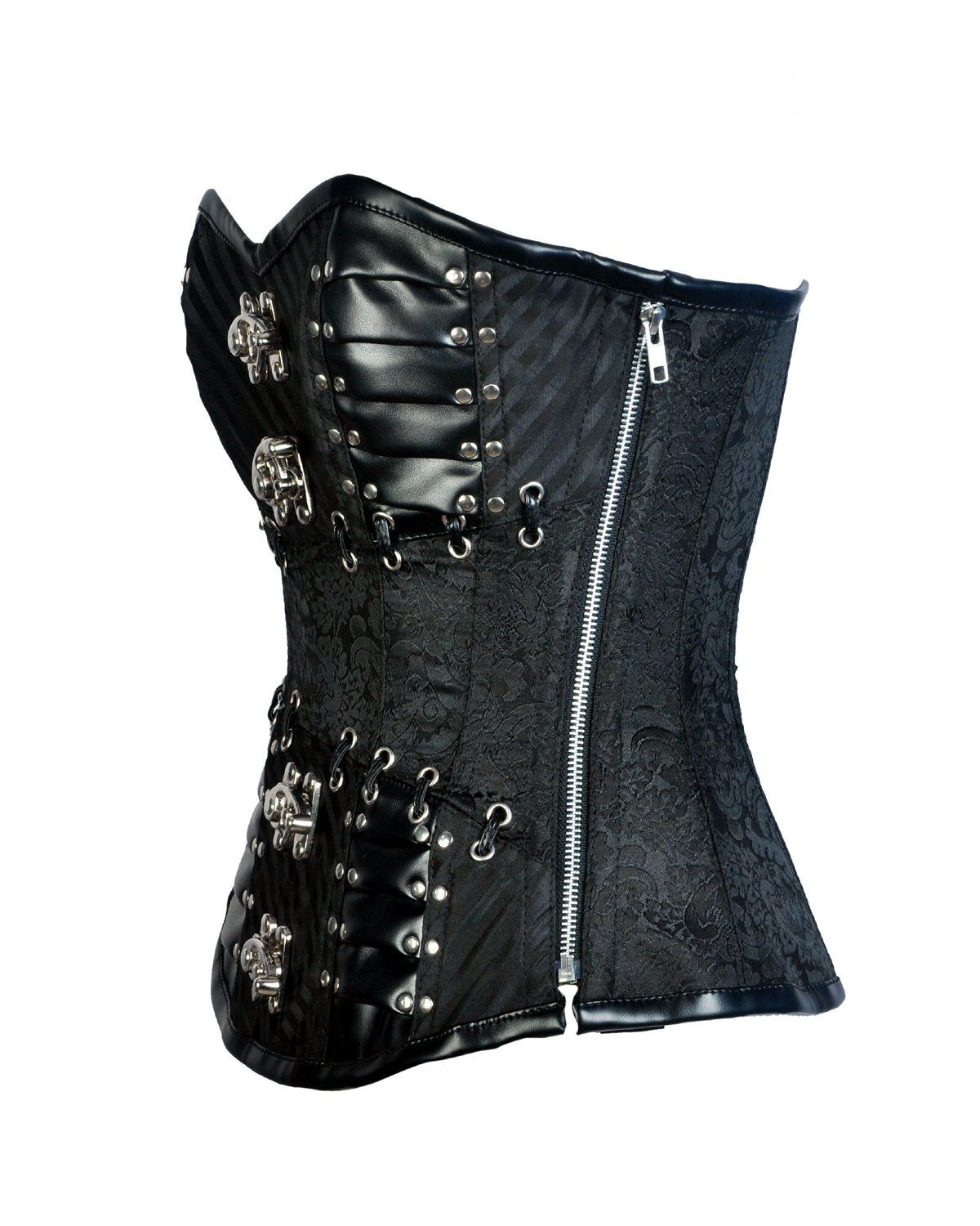 Black brocade and faux leather gothic corset with steel bones, featuring front hooks and back lacing.