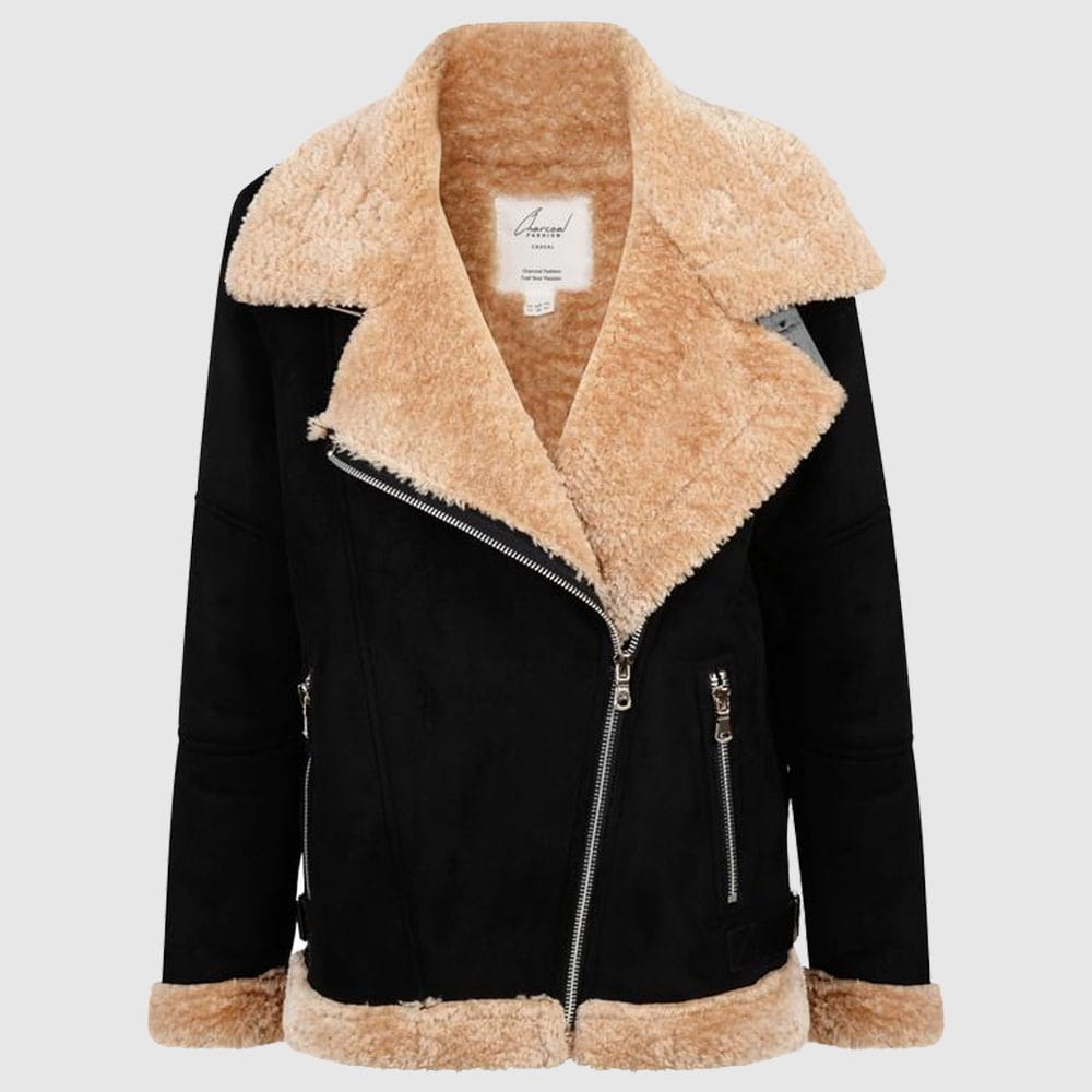 Charcoal Black Shearling Aviator Biker Jacket