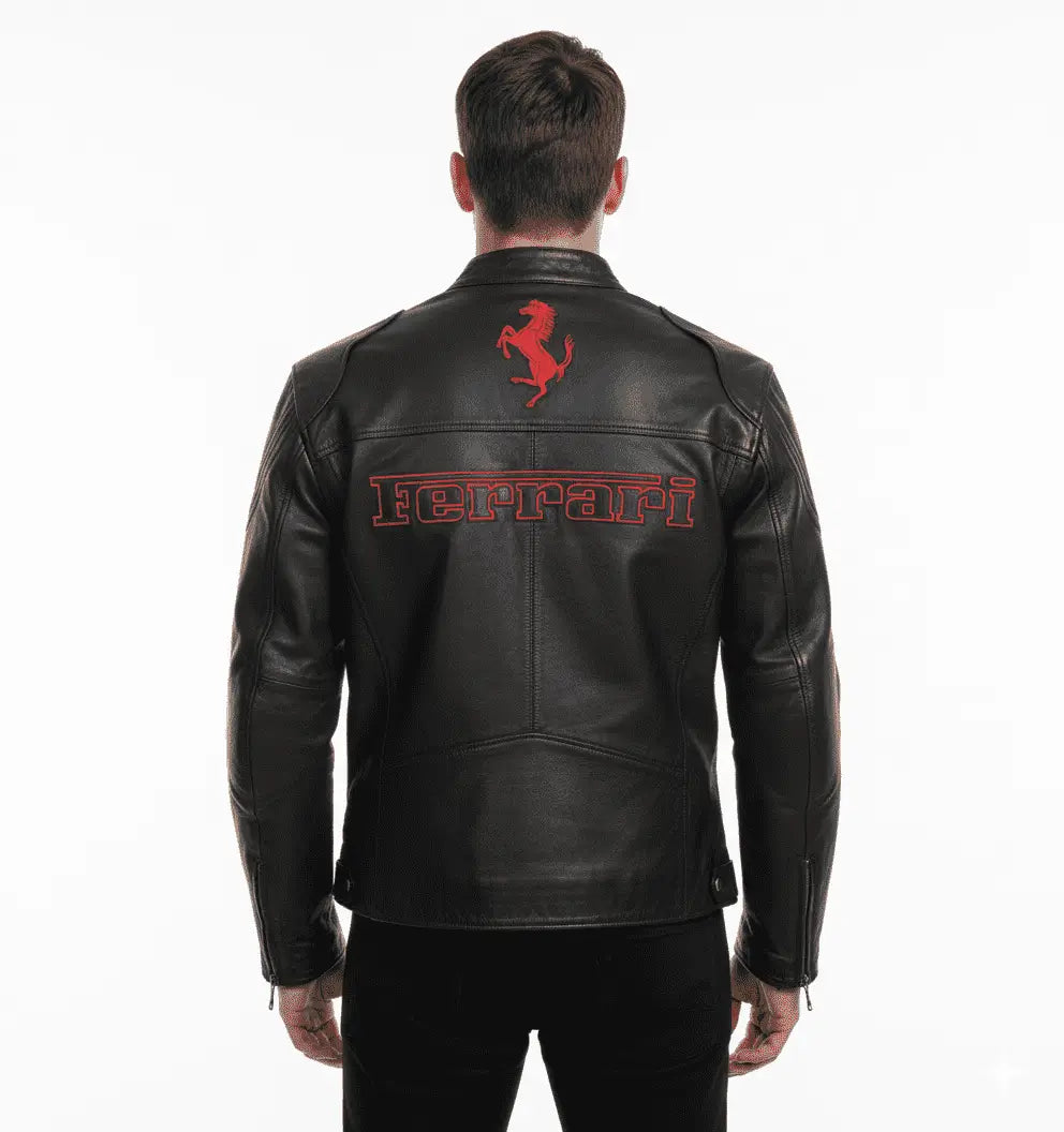 Ferrari Racing Black Motorcycle Streetwear Cowhide Leather Jacket