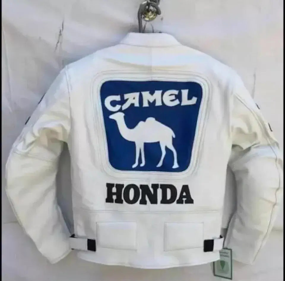 Honda Camel Racing White Motorcycle Cowhide Leather Jacket