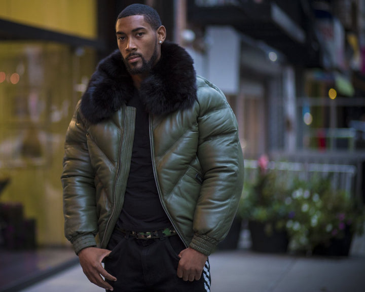 Men V Bomber Jacket -OLIVE GREEN