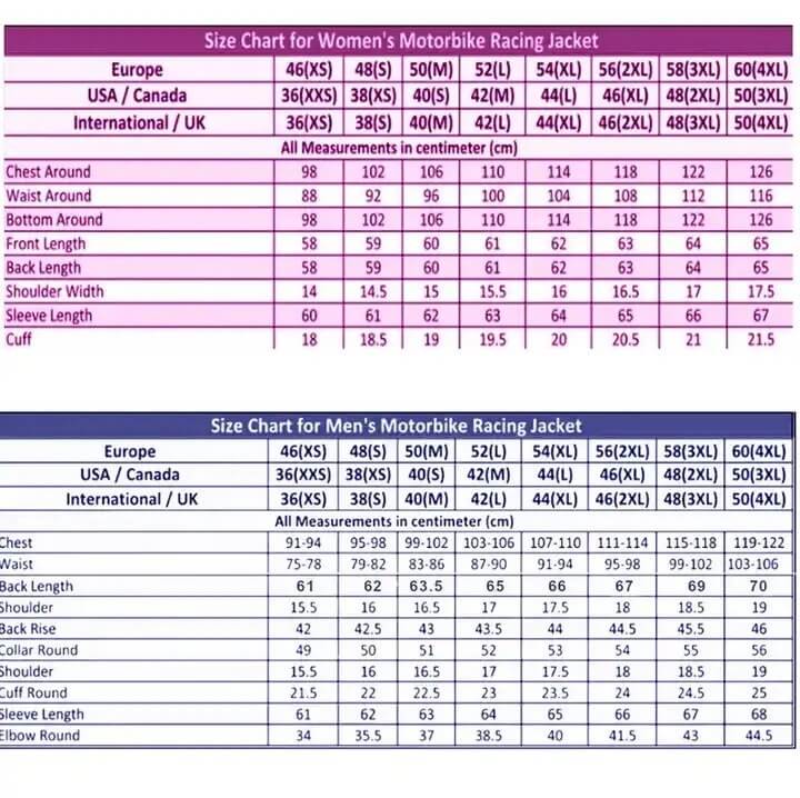 Kawasaki size chart