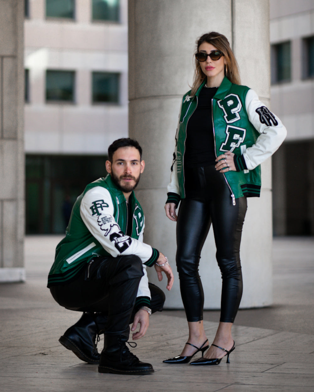 Black-Green Lambskin Leather Varsity Jacket