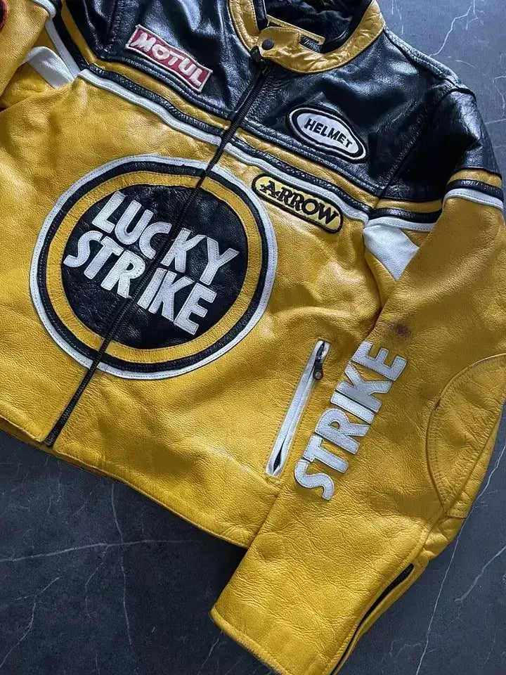 Lucky Strike Motorcycle Streetwear Genuine Cowhide Leather Jacket