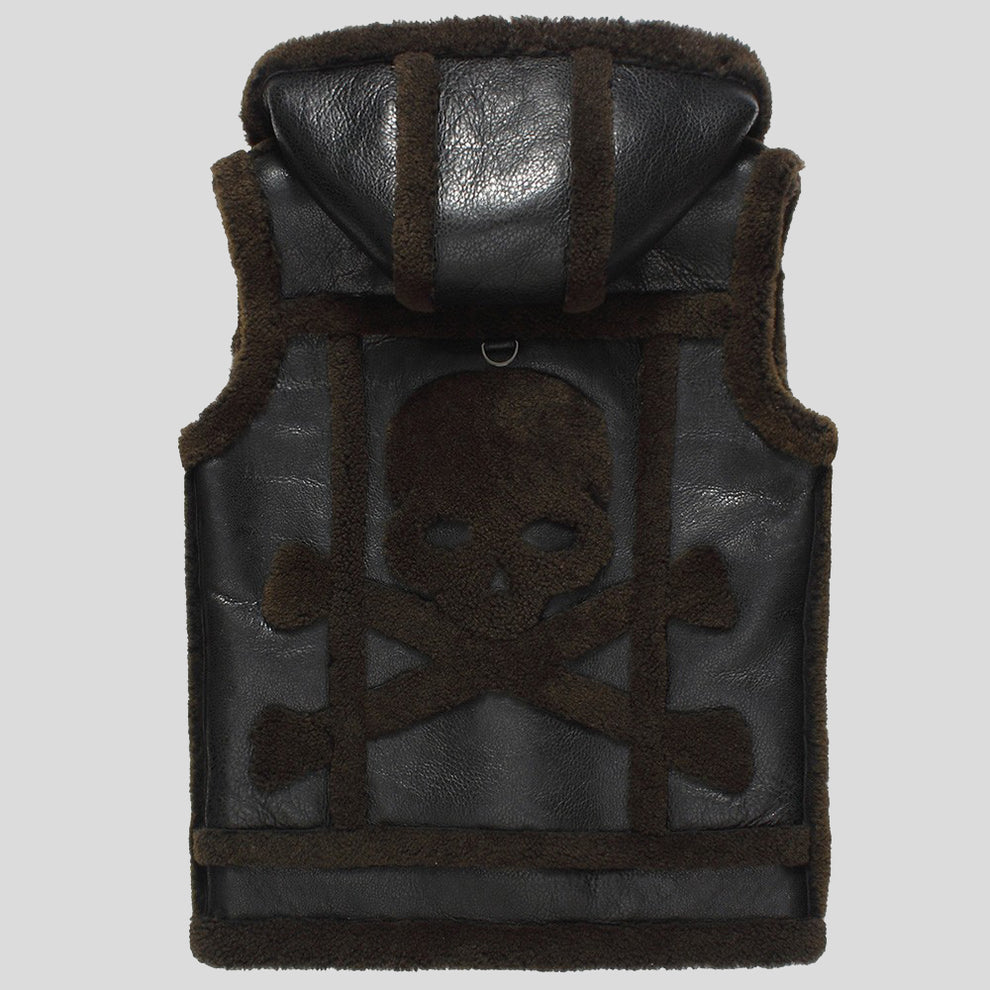 Mens Sheepskin Shearling Vest with Hood Black