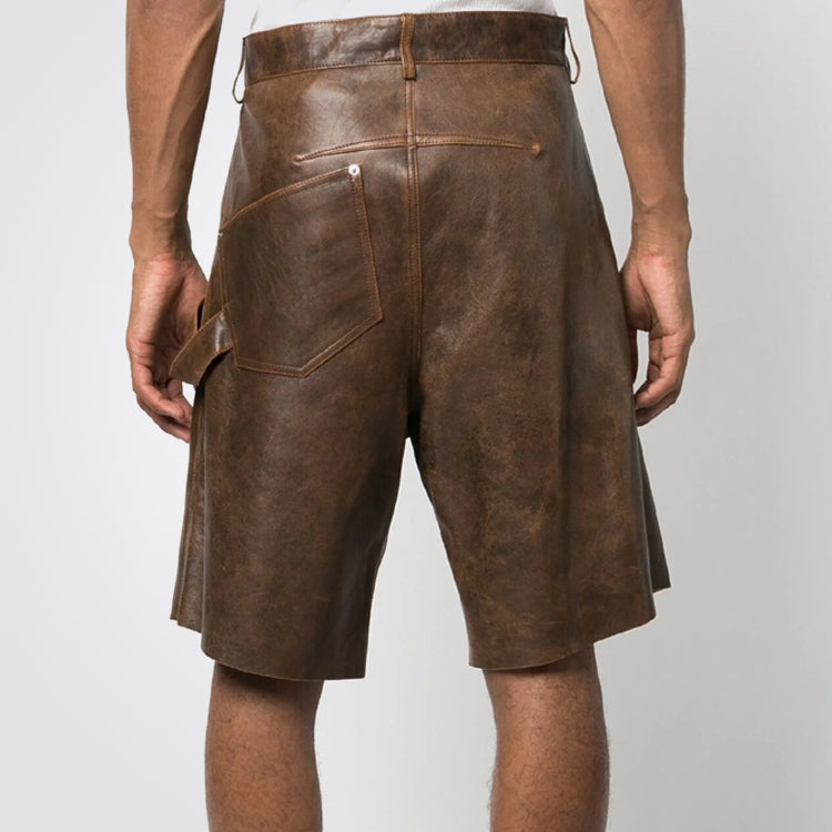 New Brown Mens Leather Shorts with Twisted Design