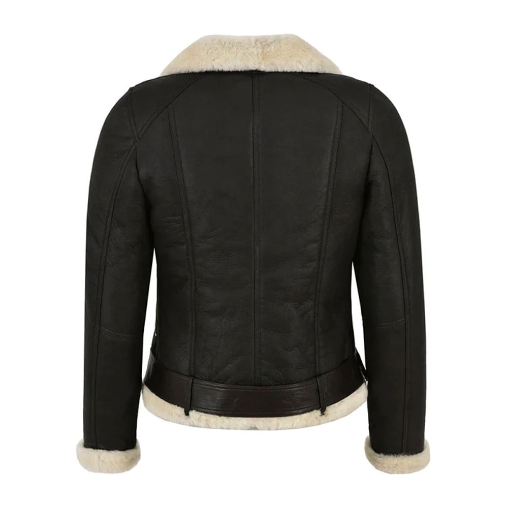 A black leather biker jacket with faux fur shearling collar and cuffs, featuring a zippered front and belt on the waist.