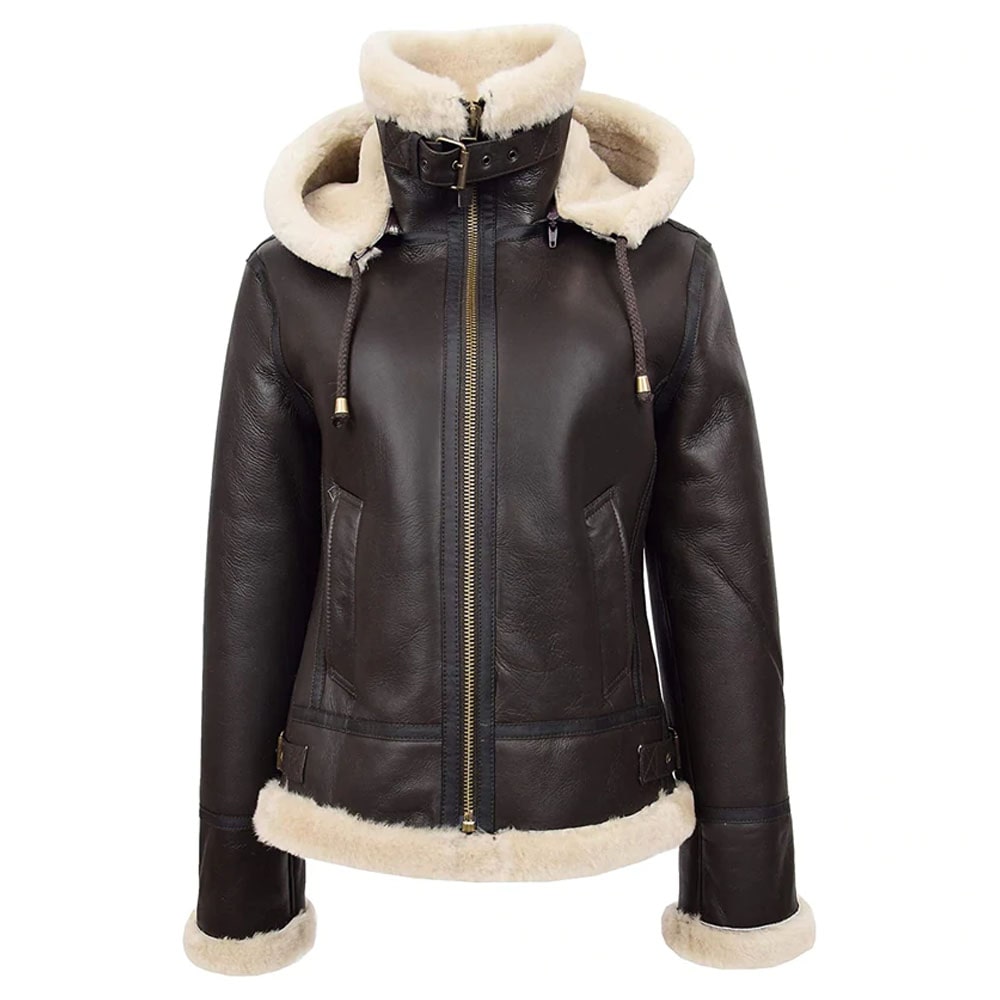 A brown leather flying jacket with a sheepskin hood, zipper closure, and side adjustable buckles.
