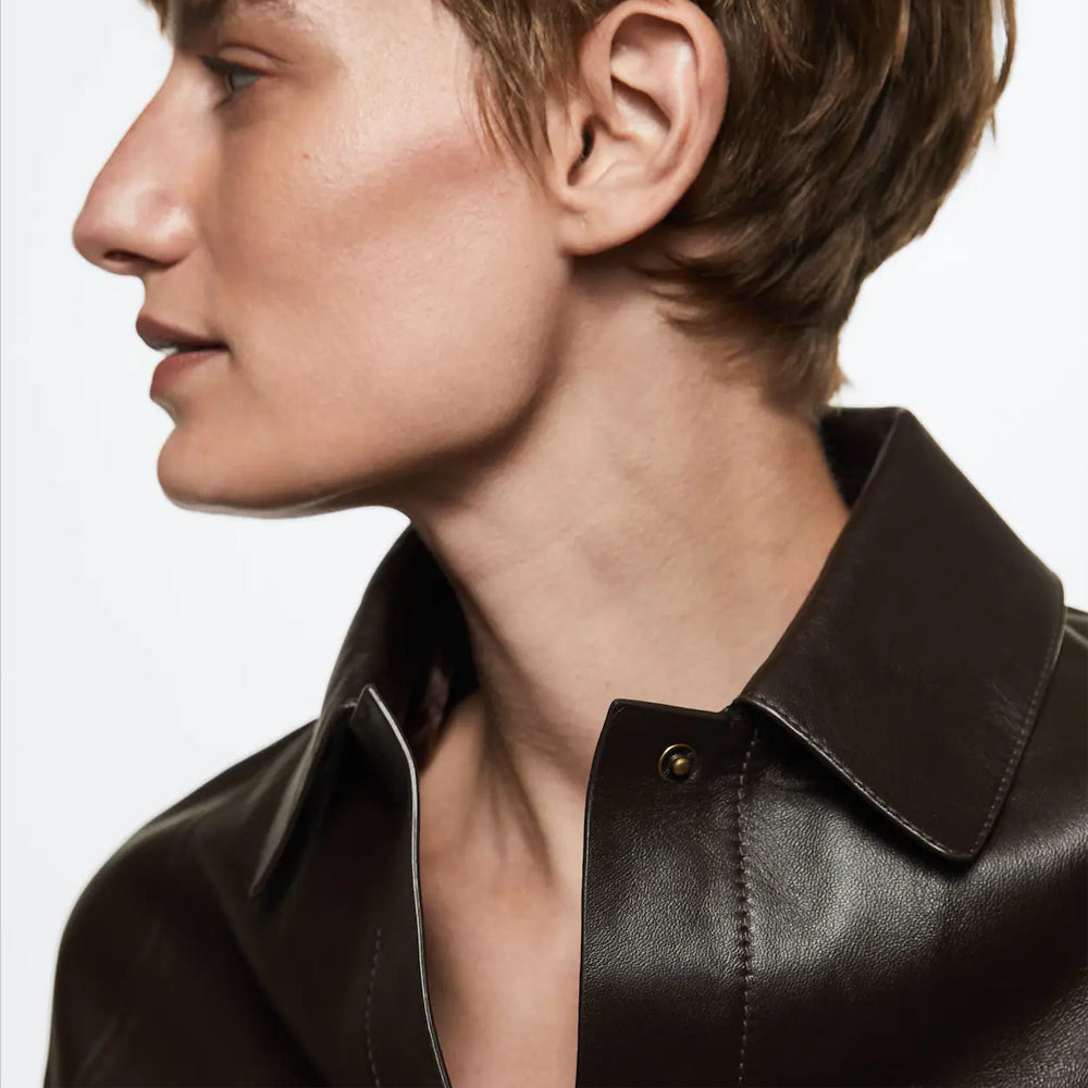 Women Brown Oversized Leather Shirt Jacket