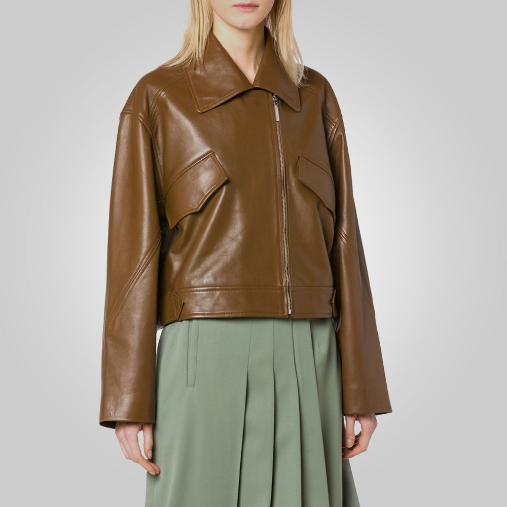 Buy Women Brown Collar Plain Leather Jacket