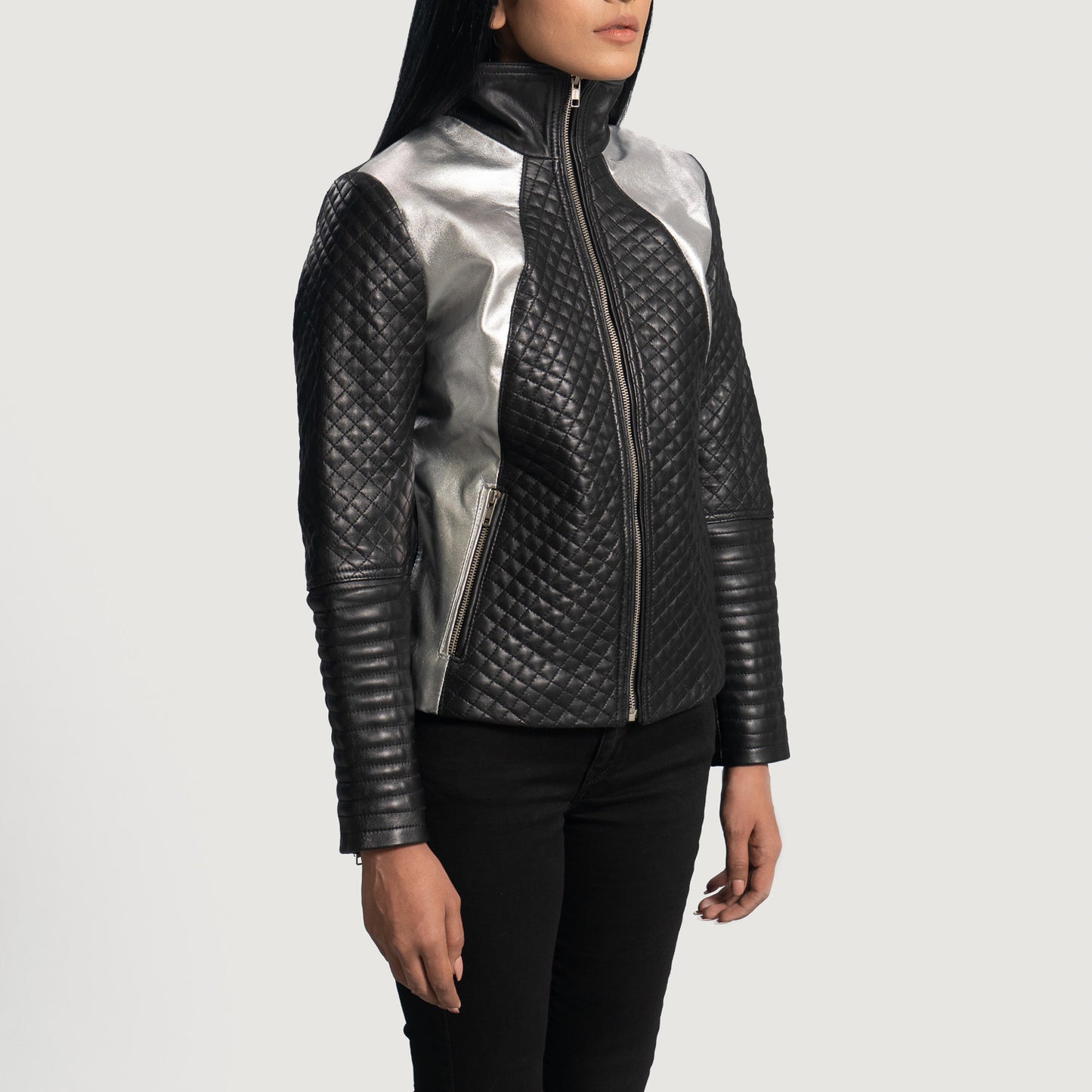 Buy Alia Metallic Black Leather Biker Jacket