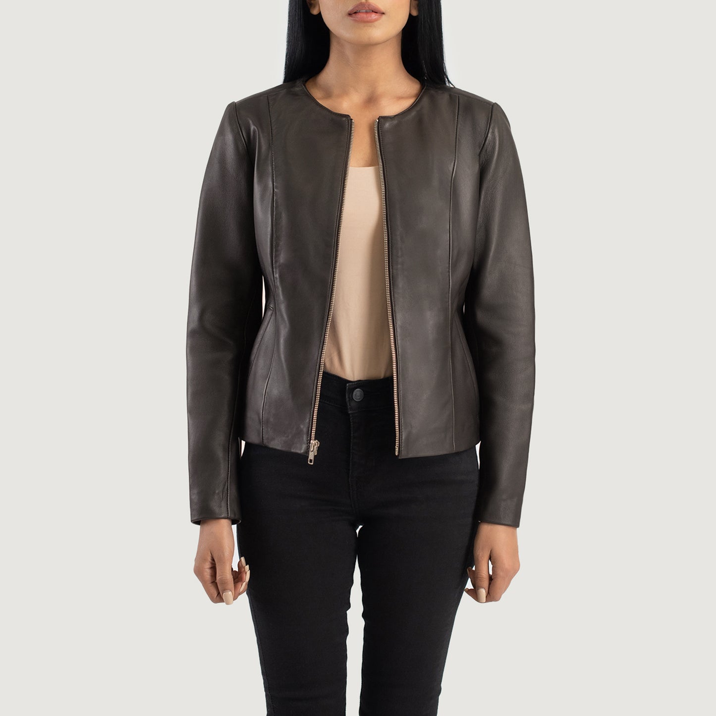 Elixir Brown Collarless Leather Jacket | Shop