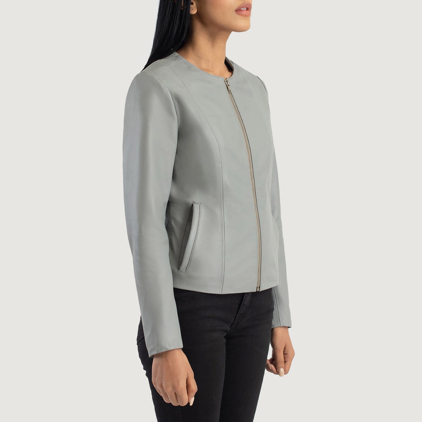Buy Elixir Grey Collarless Leather Jacket