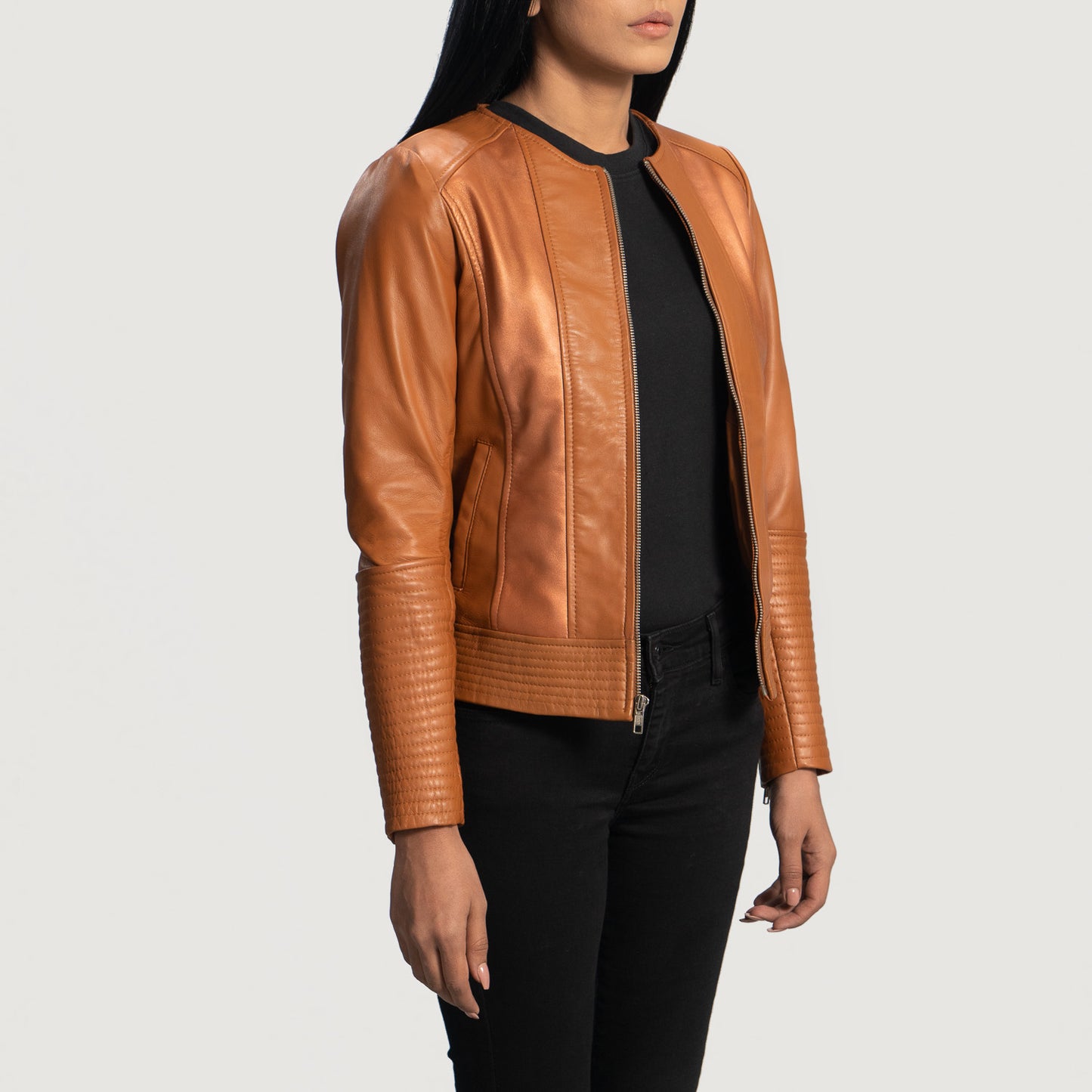 Buy Sleeky Clean Tan Leather Biker Jacket Sale