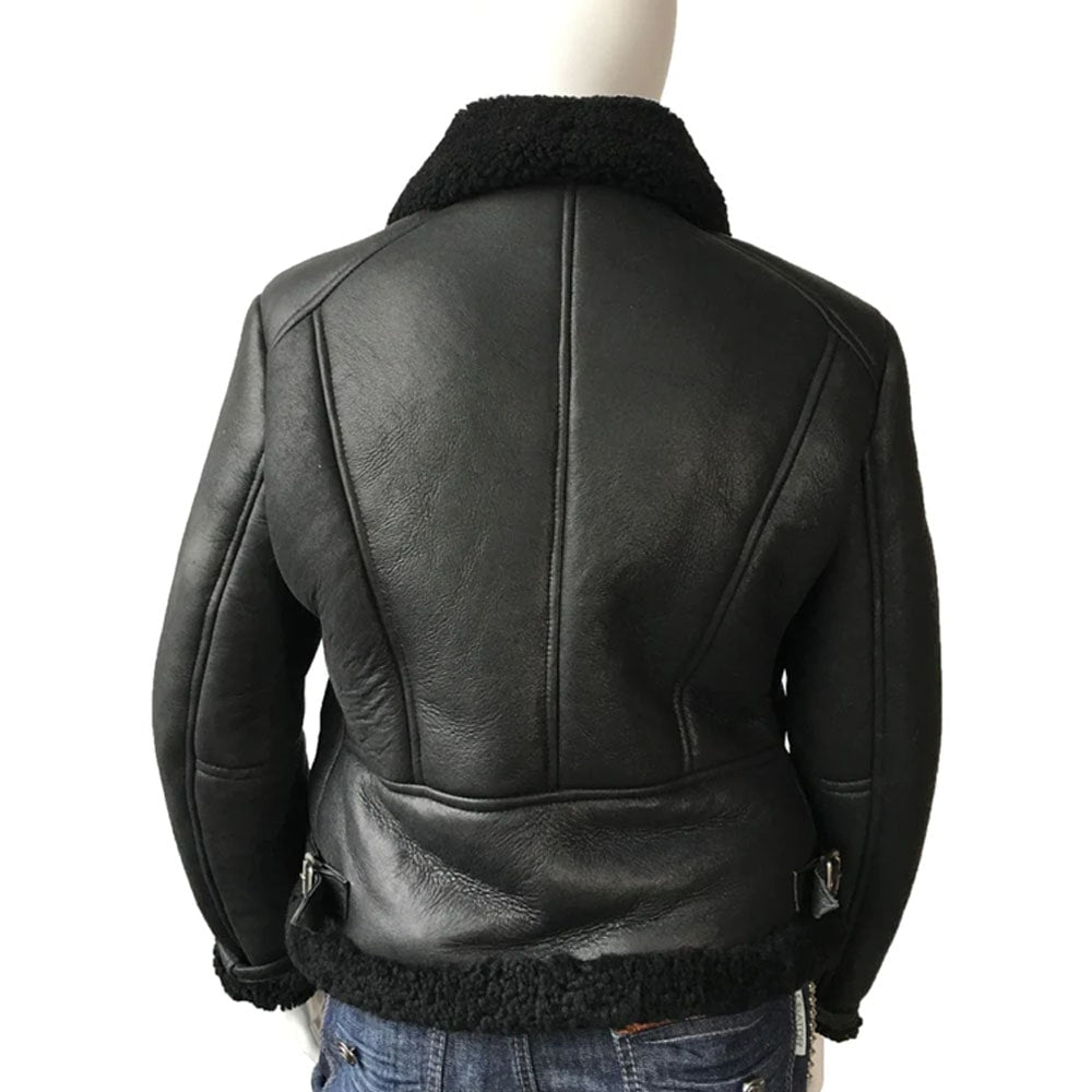 Women's Sheepskin Leather Biker Jacket with a stand-up collar, zipper details, and side pockets, displayed on a mannequin.