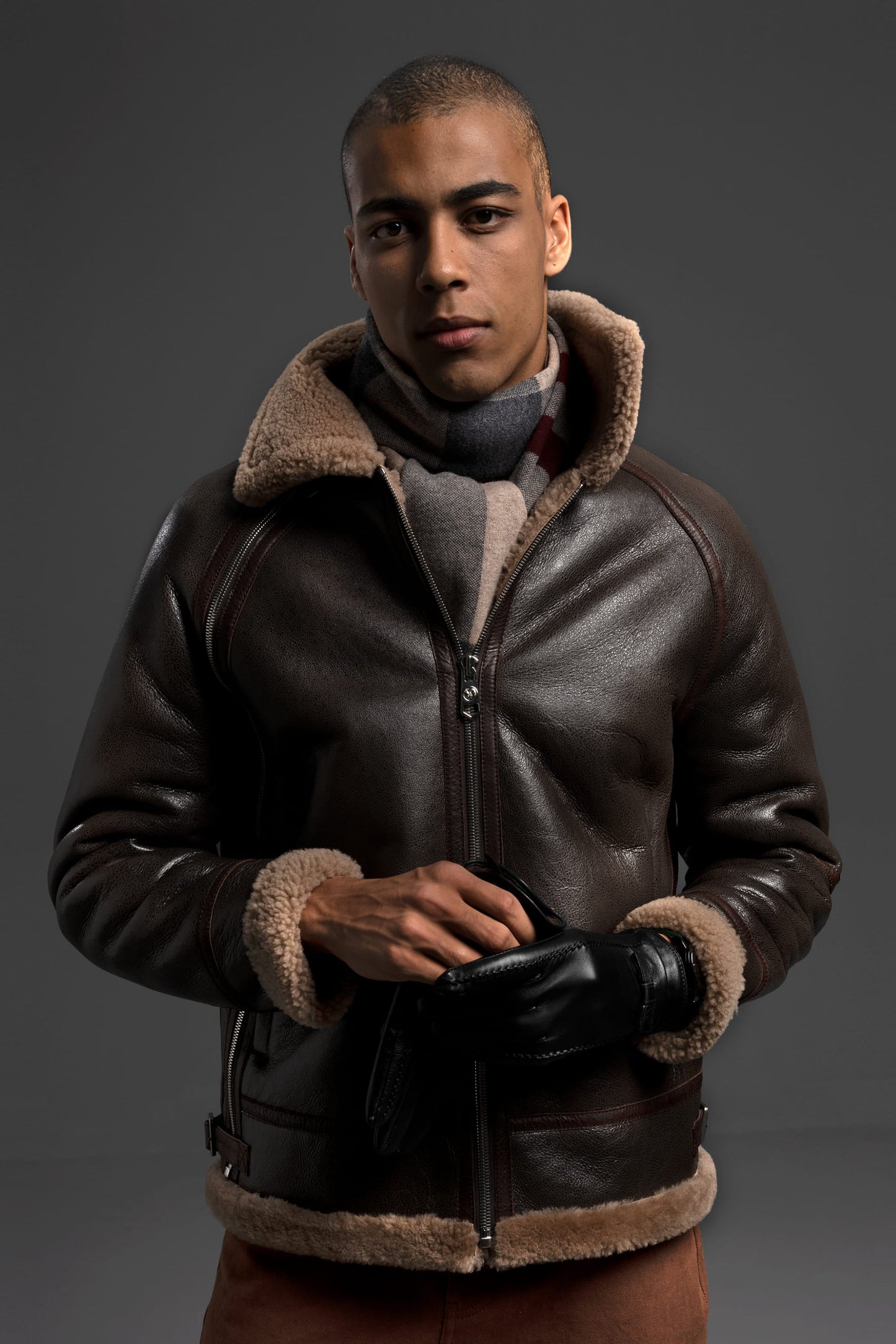 Brown Sheepskin Leather-Trim Shearling Bomber Jacket