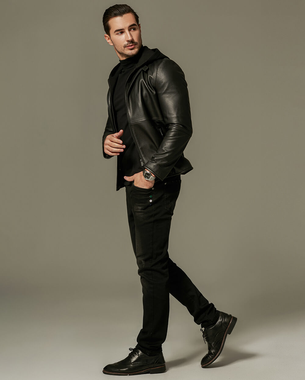 Black Casual Hooded Goatskin Jacket