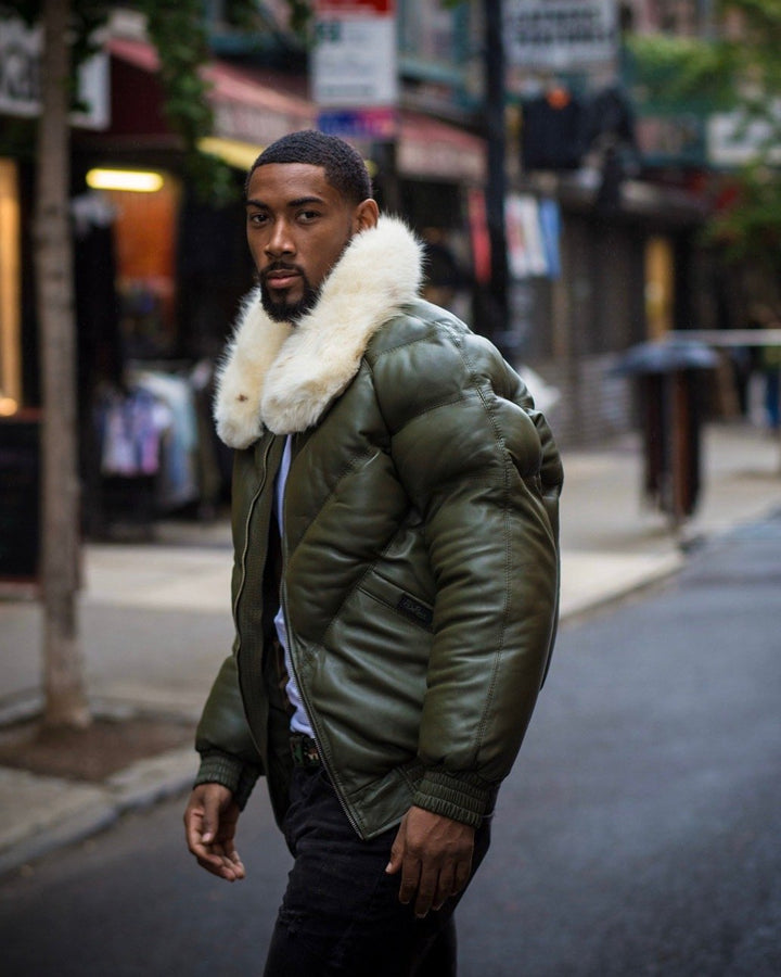Men v Bomber Jacket - Money Green ( off White Fur)
