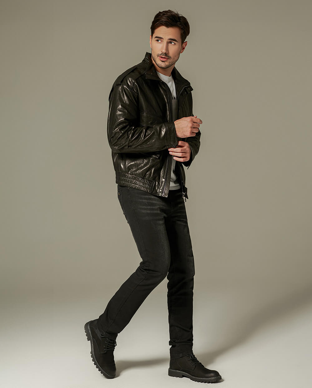 Black Bi-Swing Appliqued Goatskin Leather Jacket